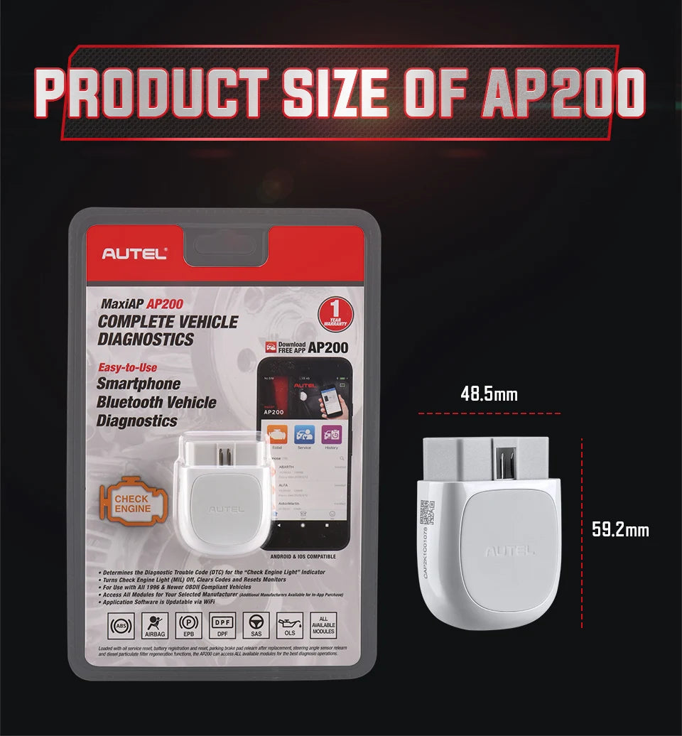 Autel MaxiAP AP200 Escáner OBD2 Bluetooth – Diagnóstico Completo de Todo el Sistema, TPMS y EPB para Coche