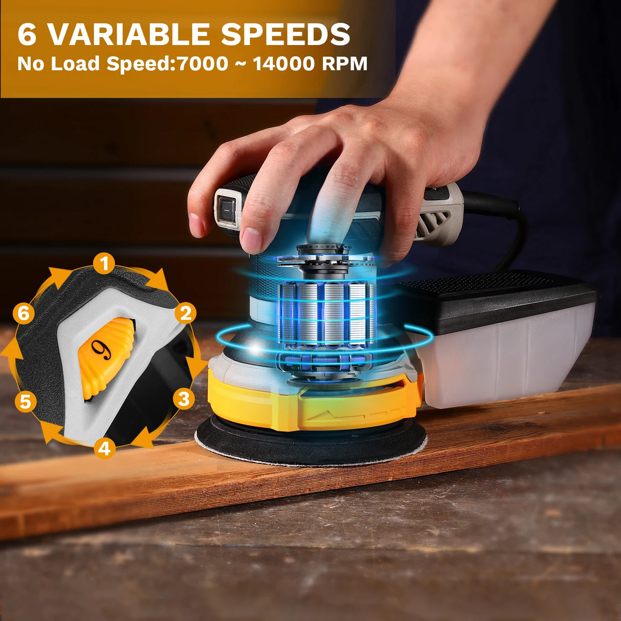 Lijadora Orbital DEKO 300W 14.000 RPM – 125 mm con 16 Lijas y Colector de Polvo para Madera y Metal