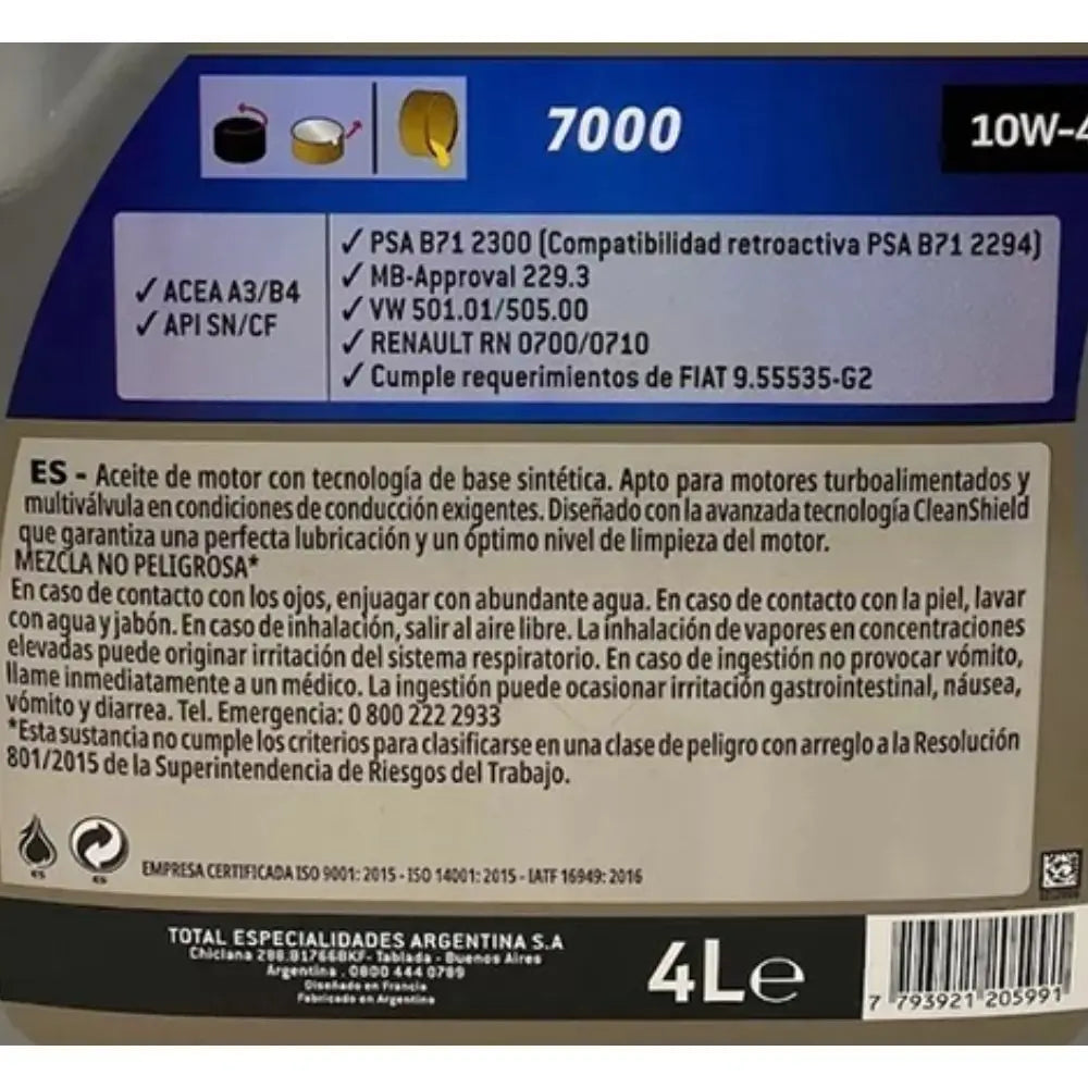 Aceite Motor Total Quartz 7000 10W40 5L - Protección del Motor