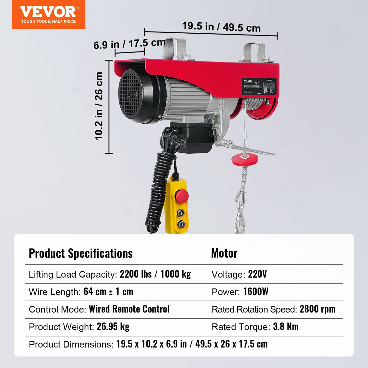Polipasto Eléctrico VEVOR 250 kg 510W – Elevación 12 m con Motor de Cobre para Garaje y Almacén