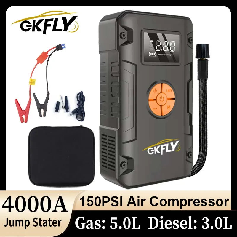 Arrancador de Coche 4 en 1 4000A con Compresor 150 PSI – Power Bank 59.2Wh e Inflador Digital 12V
