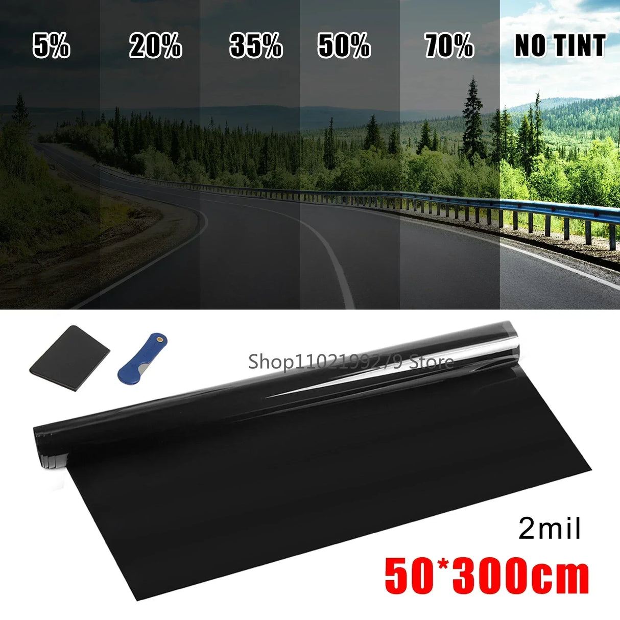 Lámina Tintada para Ventanas de Coche 50x300 cm – Negro 5%–70% VLT, Protección UV y Adhesivo Solar
