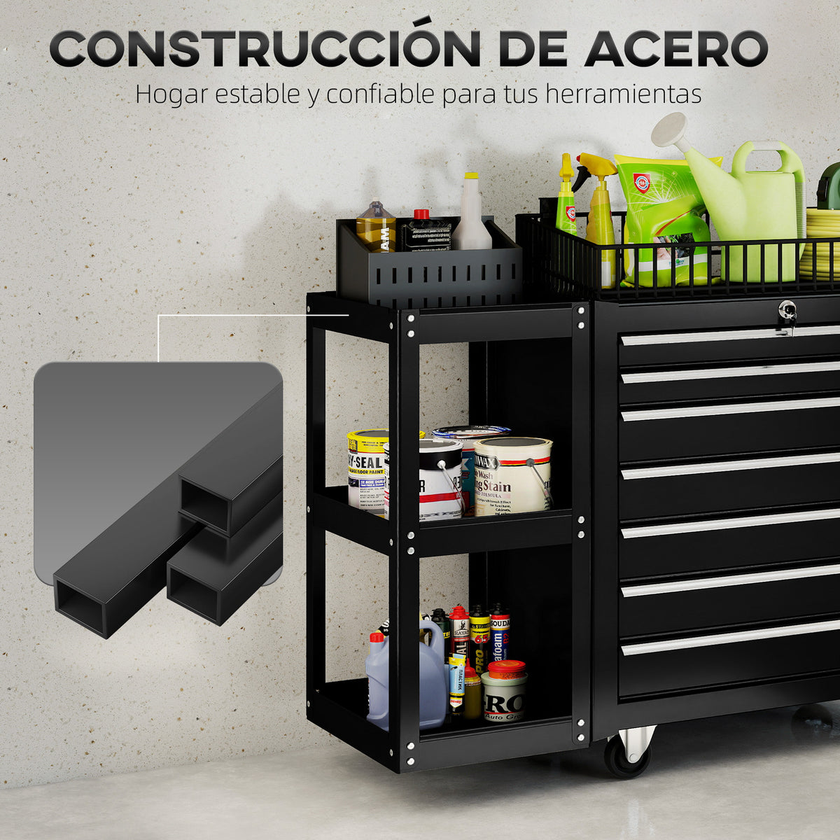 HOMCOM Carro de Herramientas con 7 Cajones, Carro de Taller con Estantería de 3 Niveles Desmontable, Sistema de Cierre Central