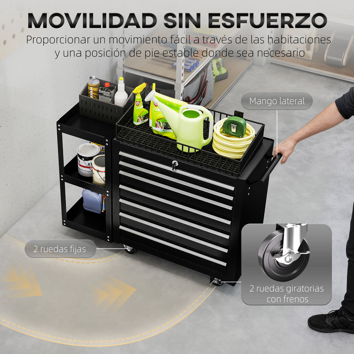 HOMCOM Carro de Herramientas con 7 Cajones, Carro de Taller con Estantería de 3 Niveles Desmontable, Sistema de Cierre Central