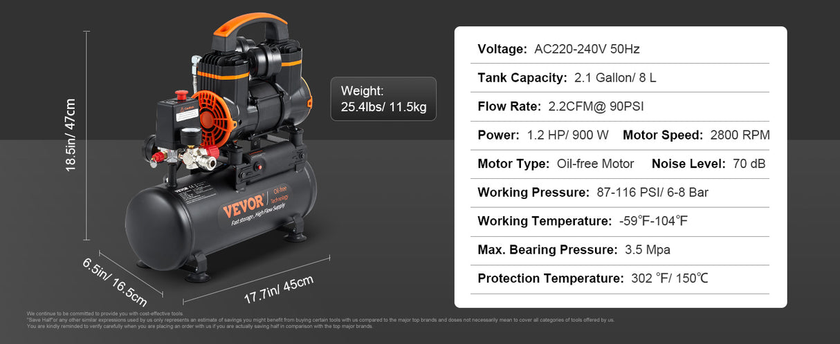 Compresor de aire portátil SucceBuy 900W 1450W 1800W silencioso sin aceite, bomba de inflado para neumáticos coche moto y herramientas