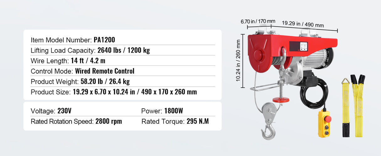 Polipasto Eléctrico VEVOR 250 kg 510W – Elevación 12 m con Motor de Cobre para Garaje y Almacén