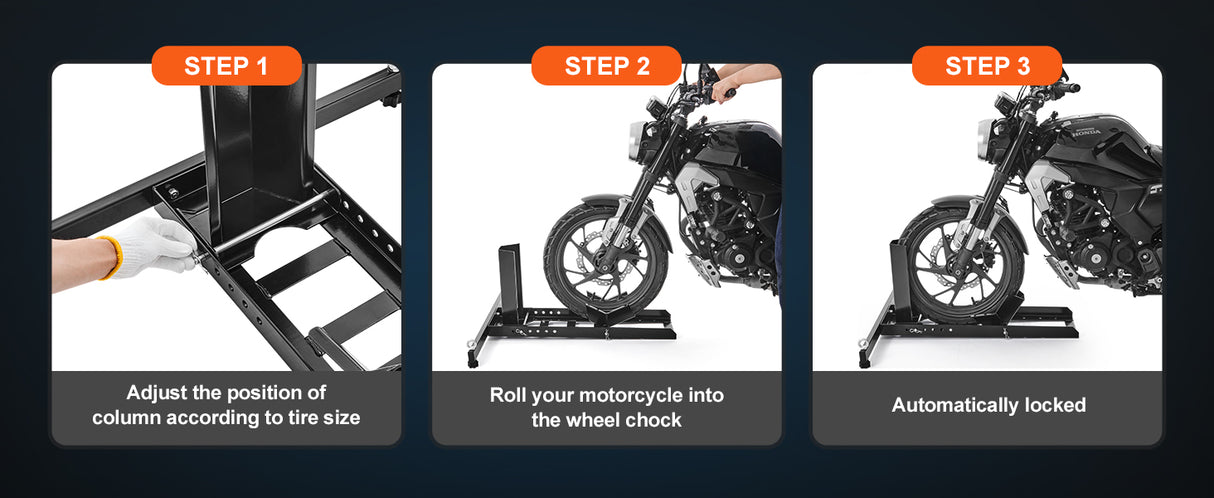 Soporte para Rueda Delantera de Motocicleta SucceBuy 1800 lb – Caballete Vertical de Acero Ajustable, Estabilizador de Moto para Garaje y Transporte