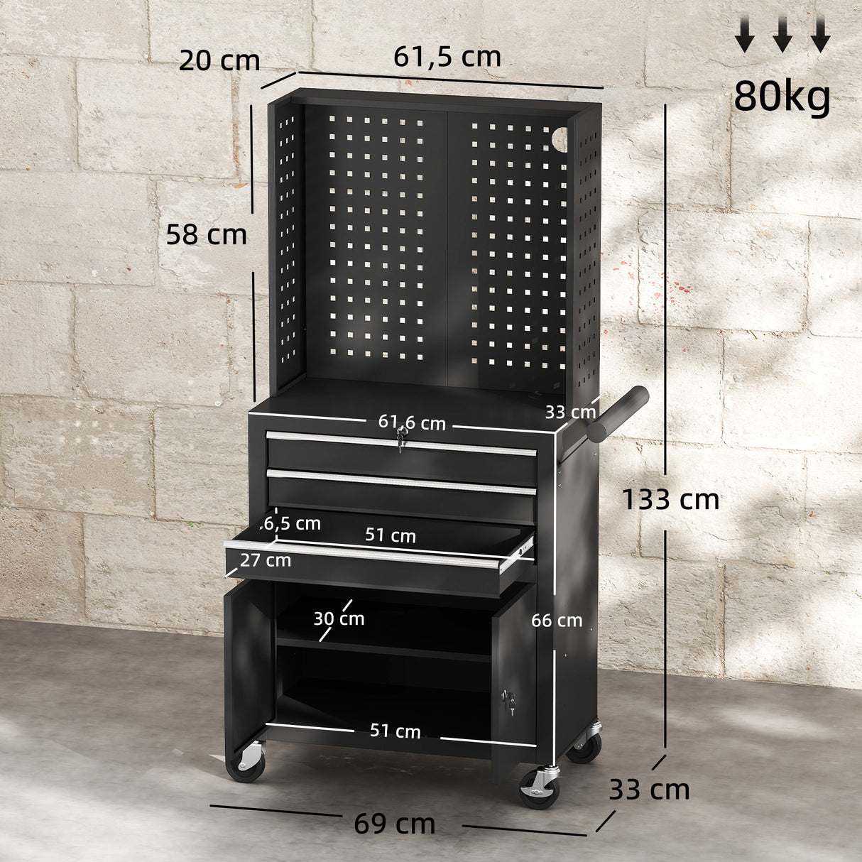 Carro de Herramientas HOMCOM con 3 Cajones y Panel Pegboard – Organizador de Taller con Ruedas Negro